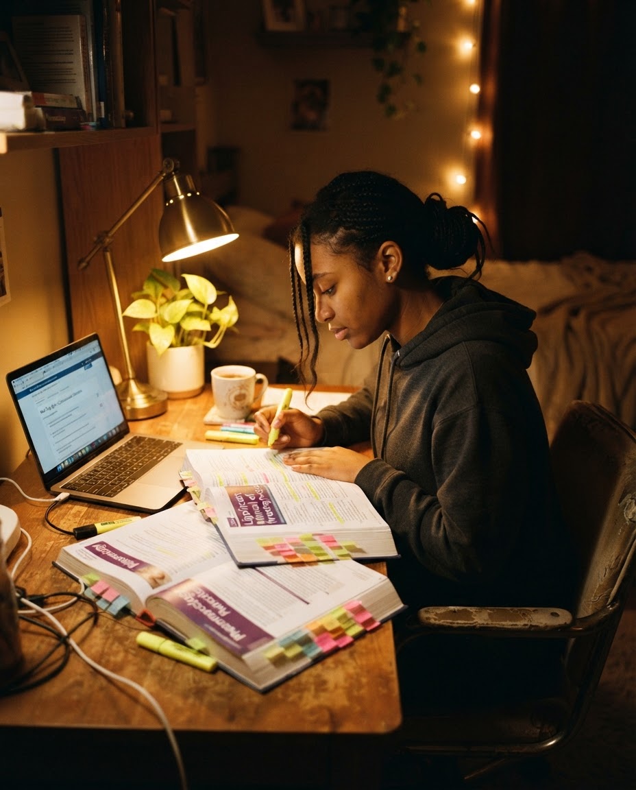 Nursing student studying at desk with textbooks and laptop in warm lamplight