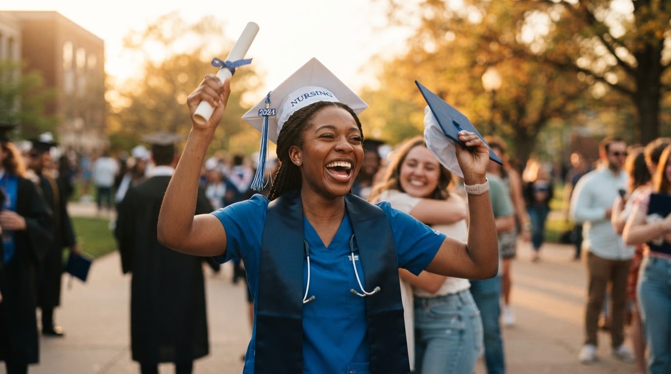 Nursing graduate celebrating with diploma in warm golden hour light